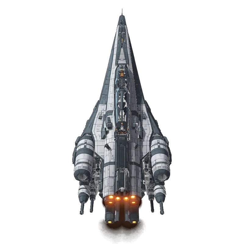 A long grey and white battleship seen from above, with orange engine glow.