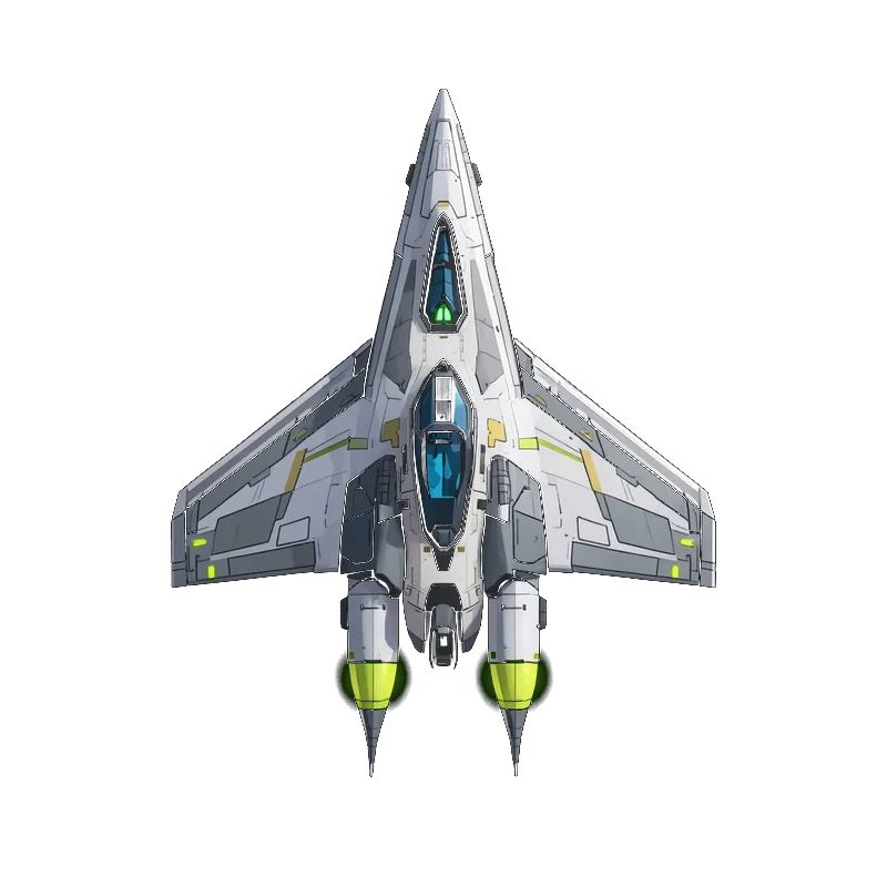 A small swept-wing fighter seen from above, with lime-green engines.