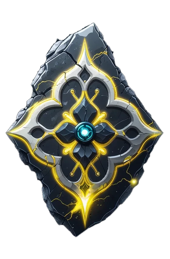 A cracked stone rune with glowing yellow lines and a blue-green light at its centre.