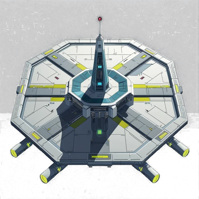 An octagonal space station platform with a tall central tower and a red beacon on top.
